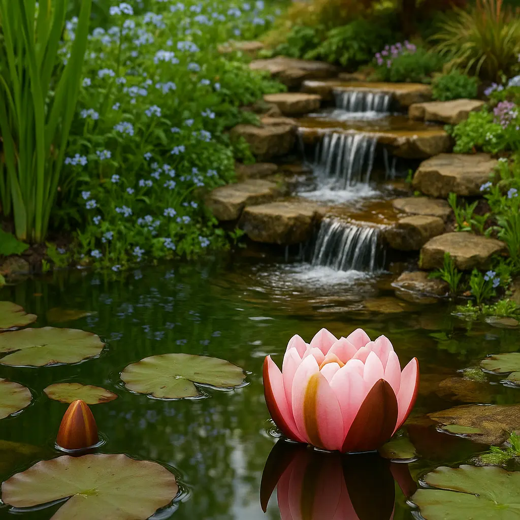 Seerose in einem Gartenteich mit Bachlauf