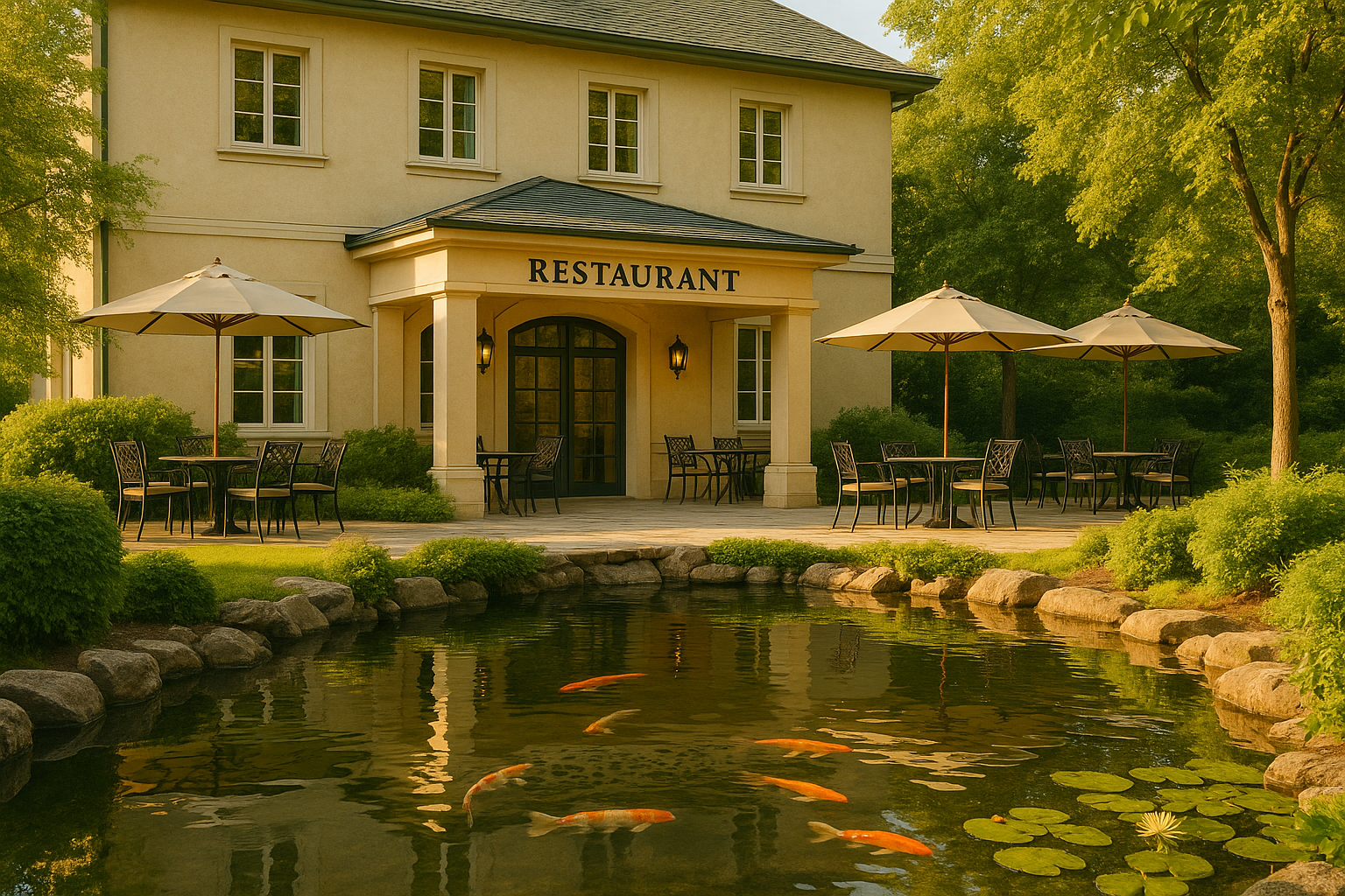 Ein Teich mit Springbrunnen vor einem Restaurant