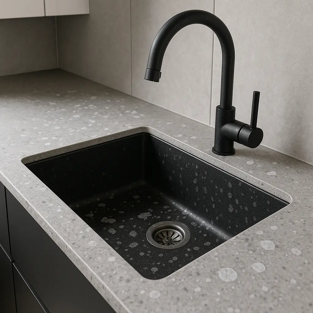 Weiße Flecken auf der schwarzen Oberfläche von einer Spüle in einer Küche 