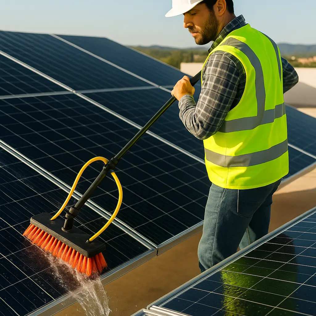 Ein Solarpaneel wird mit Wasser gereinigt