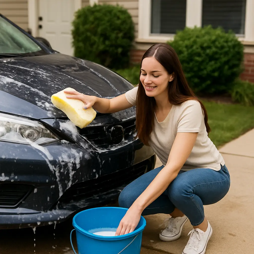 Eine Frau wäscht ihr Auto