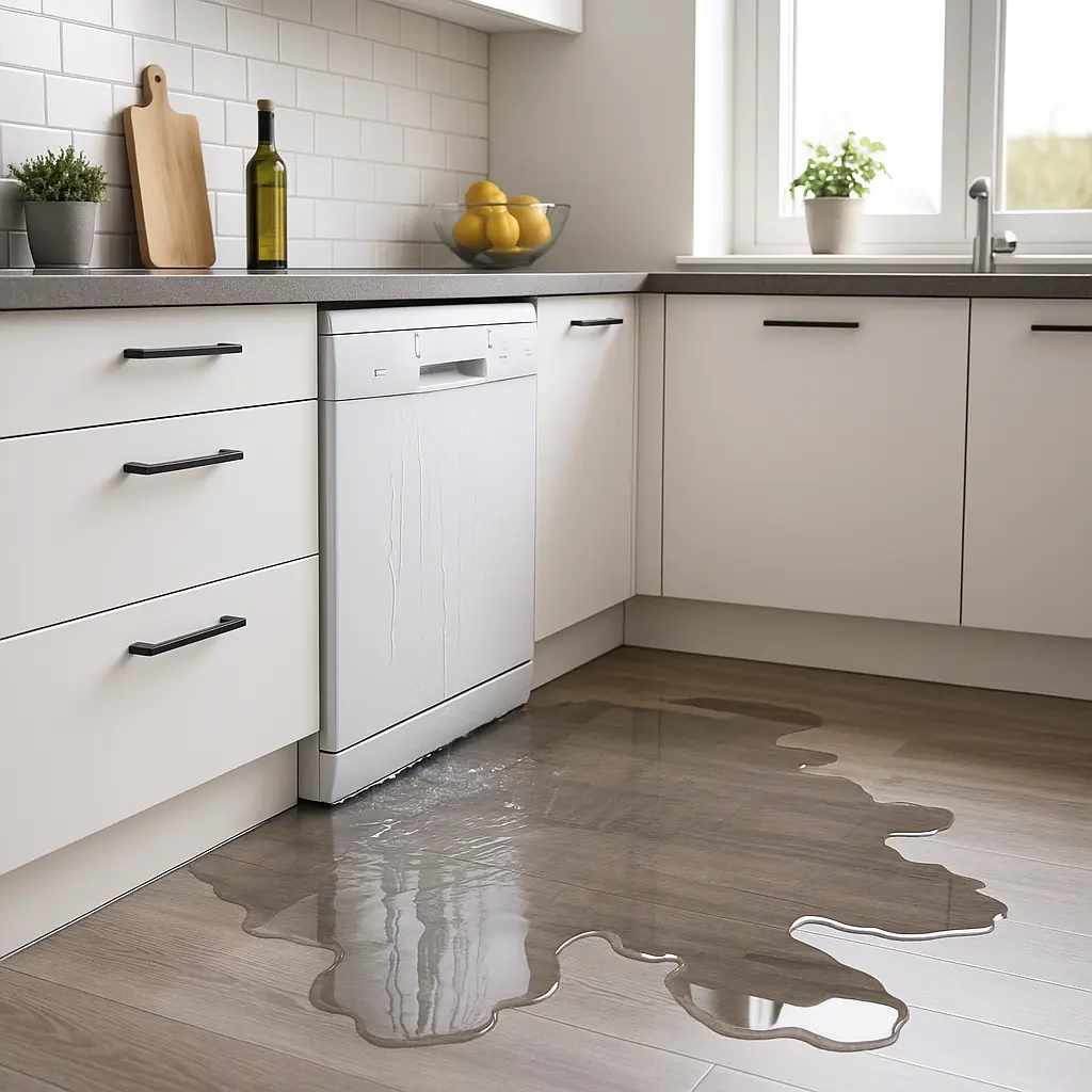 Eine große Wasserpfütze verbreitet sich auf dem Boden in einer Küche