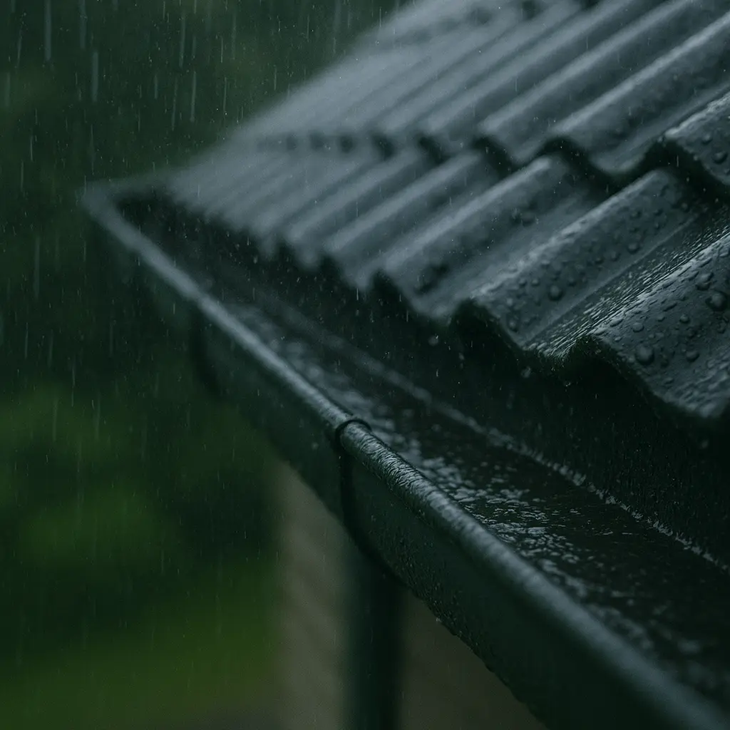 Regenwasser fließt in der Dachrinne