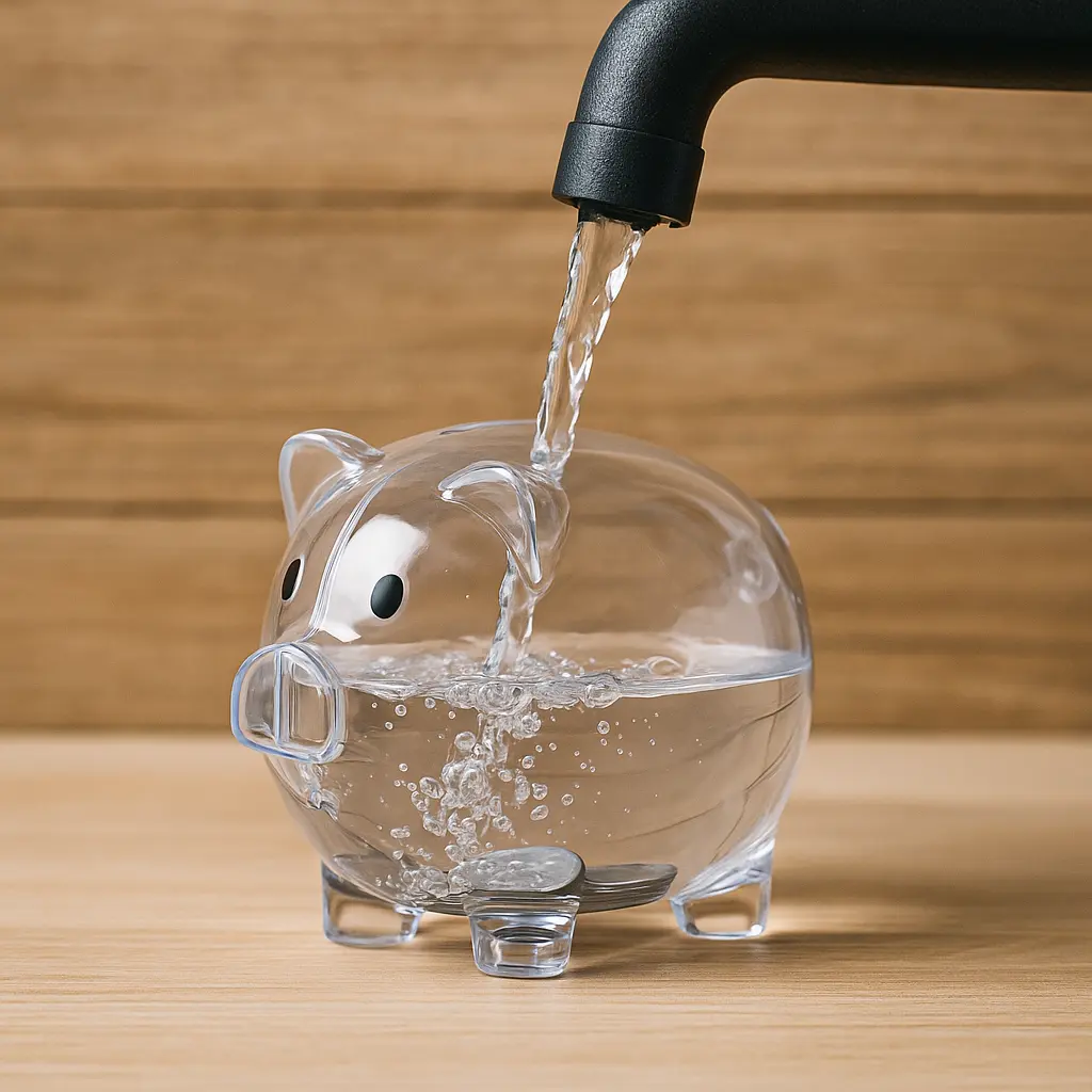 Ein Sparschwein aus Glas wird mit Wasser befüllt